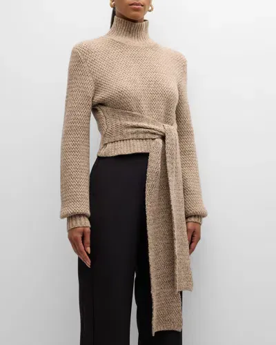 Toccin Aspen Wool And Cashmere Tie-front Turtleneck Sweater In Camel