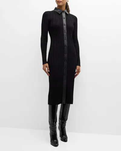 Toccin Brixton Collared Rib Midi Dress With Vegan Leather Trim In Jet