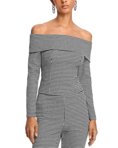 Toccin Houndstooth Long Sleeve Off The Shoulder Top In Jet/ivory