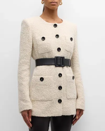 Toccin Lea Belted Boyfriend Tweed Jacket In Ivory/camel