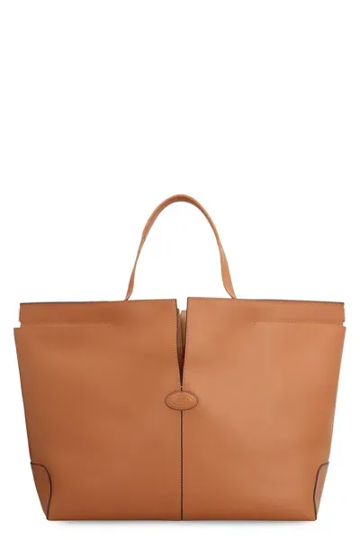 Tod's Folio Leather Tote In Saddle Brown