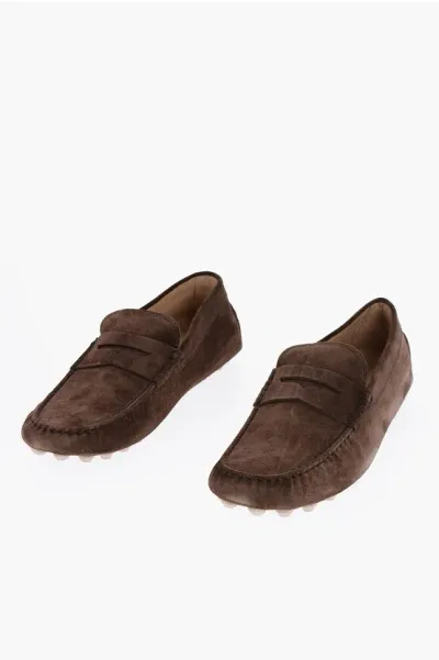 Tod's Suede Penny Loafers With Rubber Sole In Brown