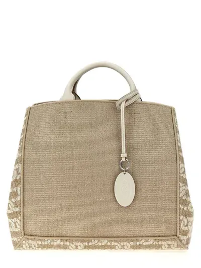 Tod's Logo Canvas Shopping Bag In Beige