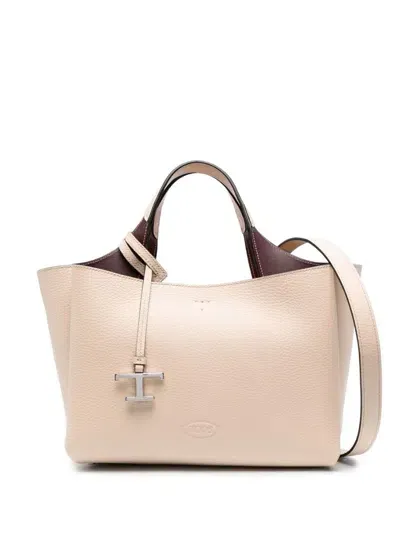 Tod's Calf Leather Tote Bag With Logo Plaque In Beige