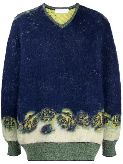 Toga V-neck Patterned Intarsia-knit Sweater In Blau