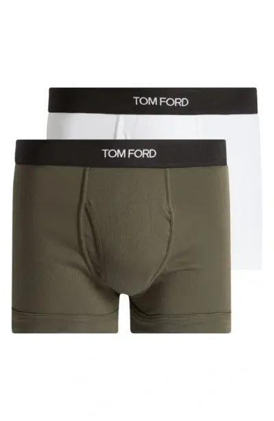 Tom Ford 2-pack Cotton Jersey Boxer Briefs In Military Green/white