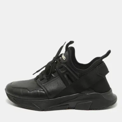 Pre-owned Tom Ford Black Leather And Neoprene Jago Lace Up Sneakers Size 41