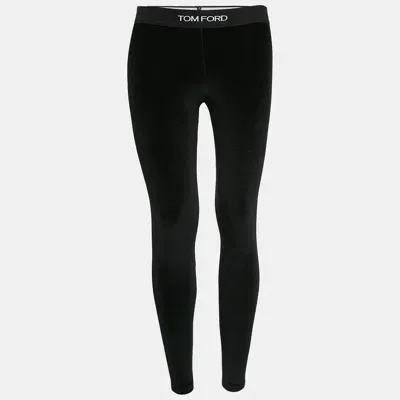 Pre-owned Tom Ford Black Velvet Jersey Logo Detail Leggings Xs