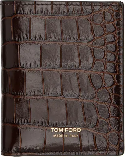 Tom Ford Brown Glossy Printed Croc Card Holder In Cognac