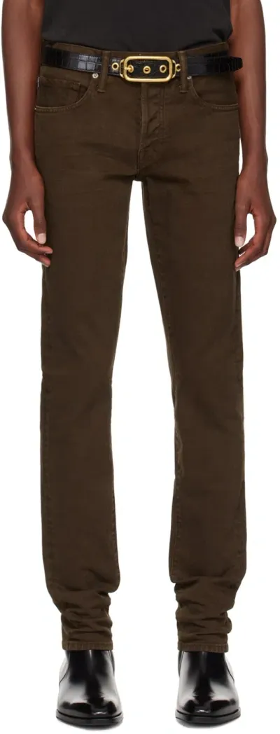 Tom Ford Brown Stay Press Twill Slim Fit Jeans In Dark Olive