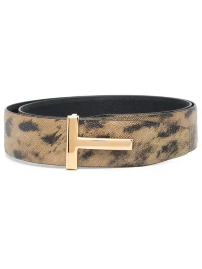 Tom Ford Leopard-print Leather Belt In Brown