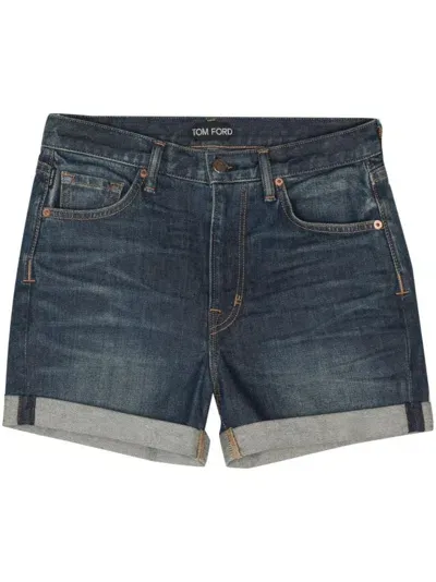 Tom Ford Logo-patch Denim Shorts In Hb772 - Mid Blue