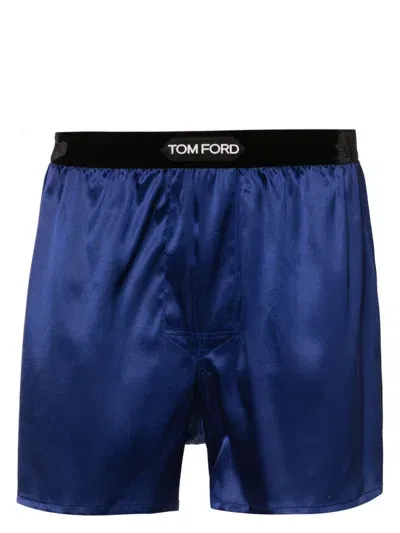 Tom Ford Logo-patch Satin Boxers In Blue