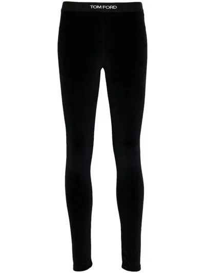 Tom Ford Logo Velvet Leggings In Blue