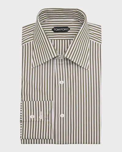 Tom Ford Men's Cotton Baton Stripe Slim-fit Dress Shirt In Green Stripe