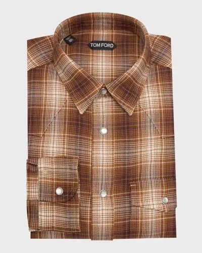 Tom Ford Men's Cotton Plaid Western Shirt In Combo Brow