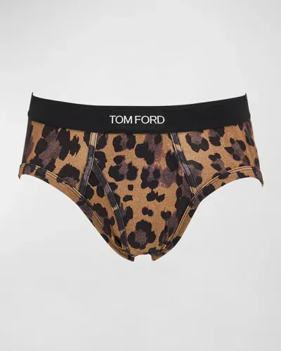 Tom Ford Men's Leopard-print Cotton Jersey Briefs In Pale Brown