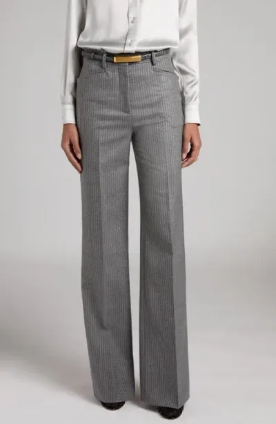 Tom Ford Metallic Stripe Wool Flannel Bootcut Pants In Grey Melange