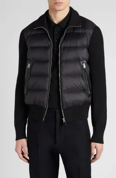 Tom Ford Mixed Media Puffer Front Merino Wool Cardigan In Lb999 Black