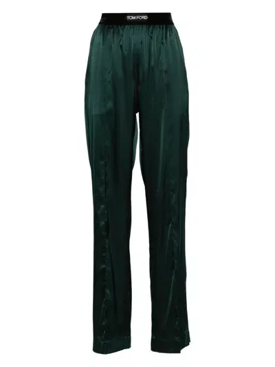 Tom Ford Stretch Silk Satin Straight Pants In Green