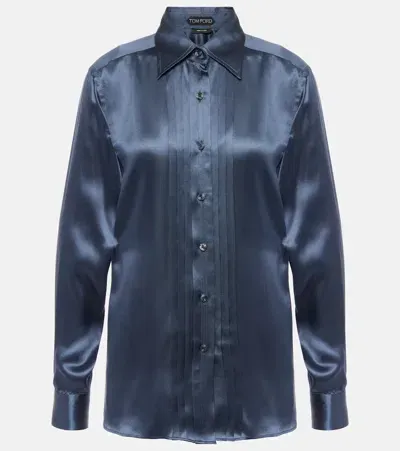 Tom Ford Plissé Silk Charmeuse Shirt In Blue