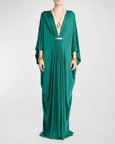 Tom Ford Plunging Satin Stretch Jersey Maxi Kaftan Dress In Dark Emera