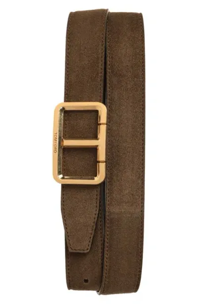 Tom Ford Scored Suede T-buckle Belt In Brown