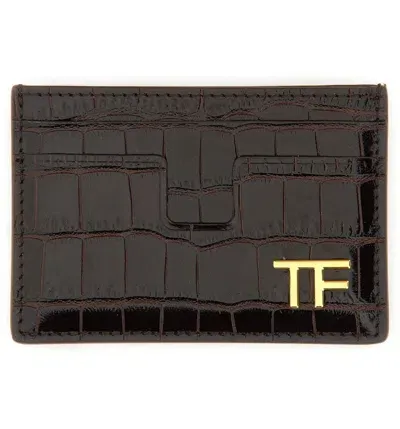 Tom Ford Shiny Embossed Classic Tf Card Holder In Brown