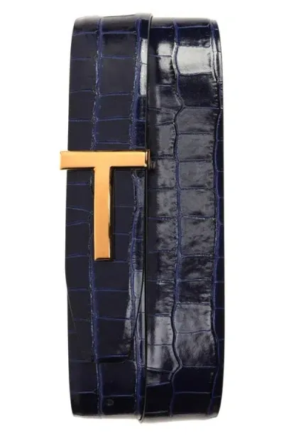 Tom Ford T Icon Reversible Croc Embossed Leather Belt In Royal Blue