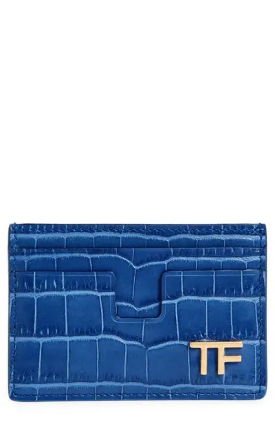 Tom Ford T-line Croc Embossed Leather Card Case In Cornflower