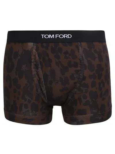 Tom Ford Leopard Print Dark Brown Boxer Shorts In Neutrals