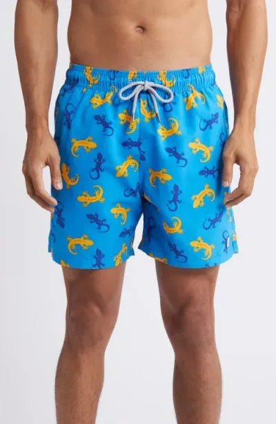 Tom & Teddy Gecko Print Performance Swim Trunks In Blue/orange