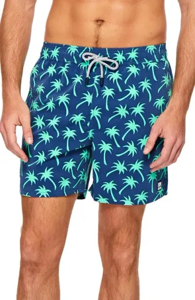 Tom & Teddy Palm Tree Print Swim Trunks In Navy/spring Green