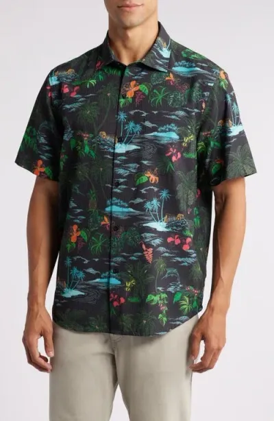 Tommy Bahama Bahama Coast Neon Shores Islandzone® Short Sleeve Performance Button-up Shirt In Black