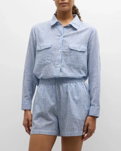 Tommy Bahama Shoreline Striped Boyfriend Shirt In Beaming Blue