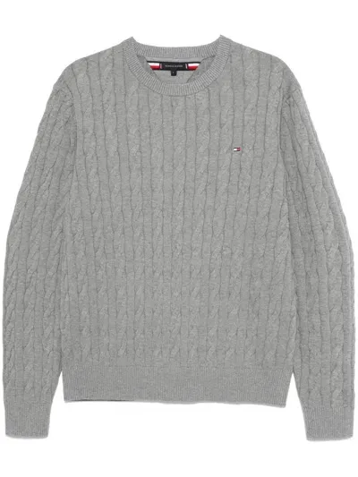 Tommy Hilfiger Cable-knit Crew-neck Sweater In Grey