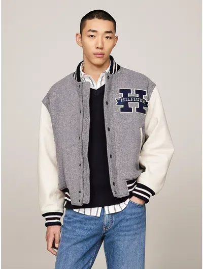 Tommy Hilfiger Hilfiger Patch Wool Blend Varsity Jacket In Light Grey