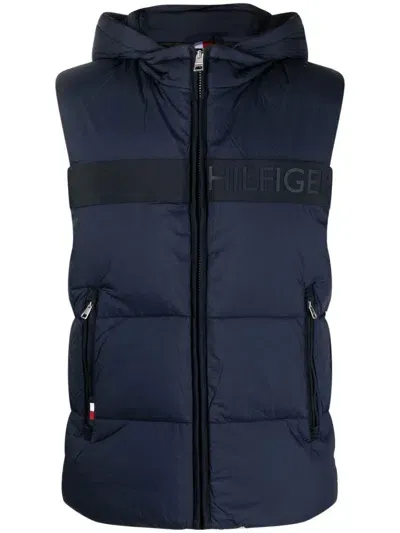 Tommy Hilfiger Logo-print Hooded Gilet In Blau