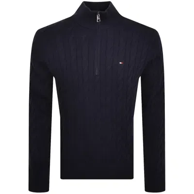 Tommy Hilfiger Quarter Zip Cable Knit Jumper Navy In Blue