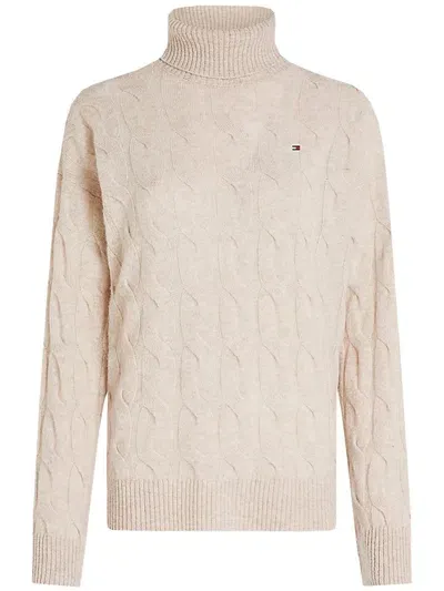 Tommy Hilfiger Soft Wool Cable Roll-neck Sweater Clothing In Beige