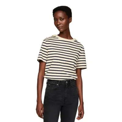 Tommy Hilfiger Regular Stripe Gold Button Womens T-shirt In Breton Stripe Country Ivory/desert Sky