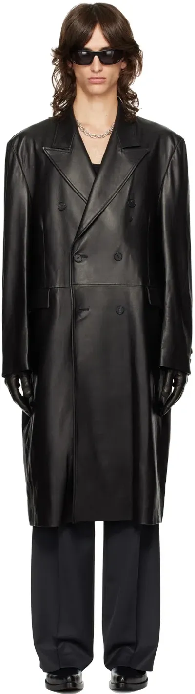 Tonywack Black Double-breasted Leather Coat