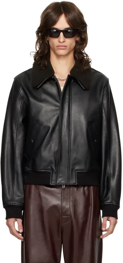 Tonywack Black Shearling Collar Leather Bomber Jacket