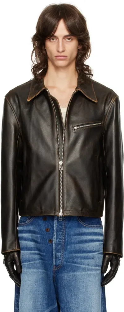 Tonywack Brown Cropped Leather Jacket In Dark Brown