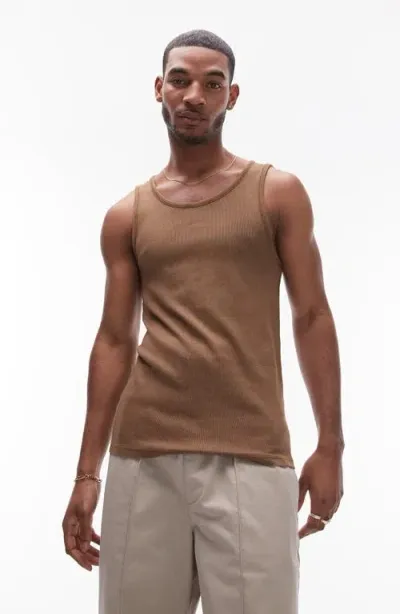 Topman Cotton Rib Tank In Brown