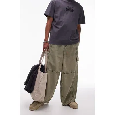 Topman Drop Crotch Wide Leg Cargo Jeans In Khaki Green