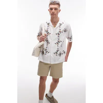 Topman Short Sleeve Embroidered Relaxed Shirt In White