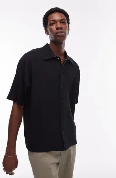 Topman Oversized Fit Jersey Polo With Snaps In Black