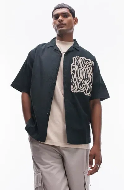 Topman Oversize Squiggle Print Camp Shirt In Dark Green