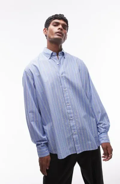 Topman Oversize Stripe Cotton Button-up Shirt In Medium Blue